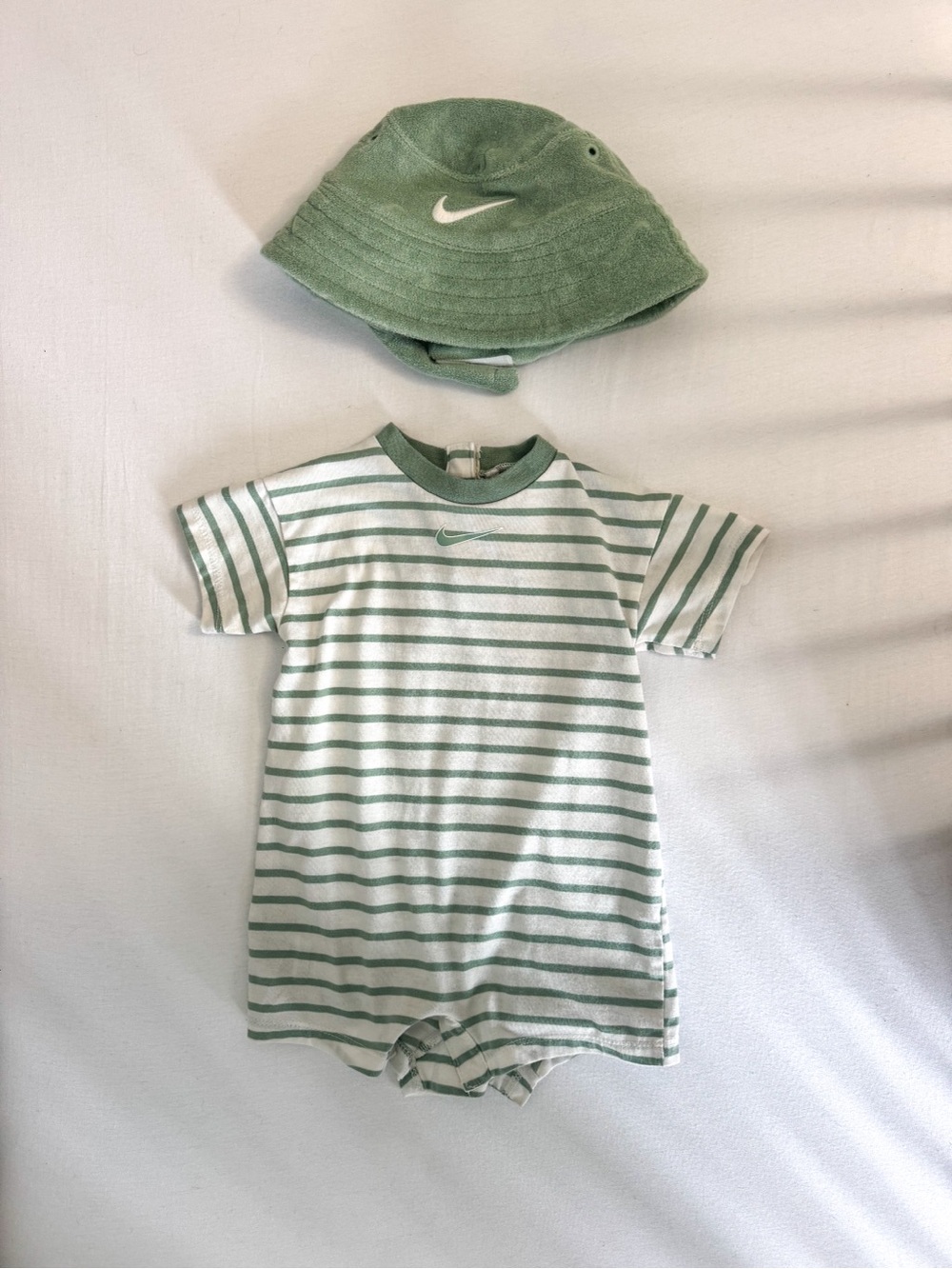 Nike Green and White Striped Infant Romper with Green Bucket Hat